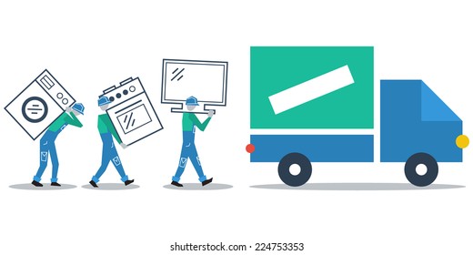 Truck delivery, transportation concept, workers loading