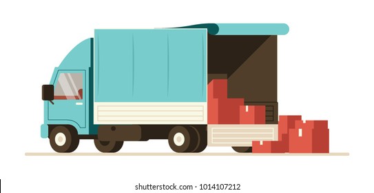 Truck delivery vector illustration. Soft van trailer. Heavy load vehicle. Commercial transport flat illustration set.
