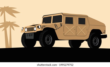 Camión en el desierto. Vehículo fuera de carretera. Dibujo estilizado de una camioneta militar. Imagen vectorial para impresiones, afiches e ilustraciones.