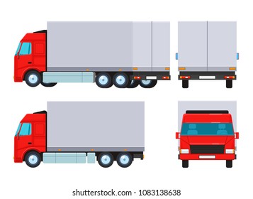 A truck from different directions. Vector flat illustration. Isolated objects on white background.