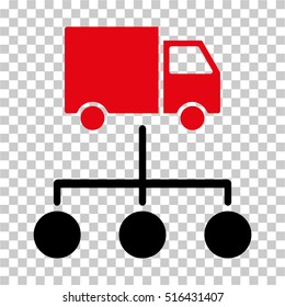 Truck Distribution Links EPS vector icon. Illustration style is flat iconic bicolor intensive red and black symbol on chess transparent background.