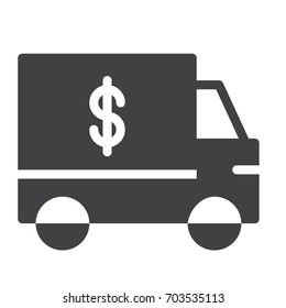 Truck with dollar icon vector, filled flat sign, solid pictogram isolated on white. Symbol, logo illustration. Pixel perfect graphics