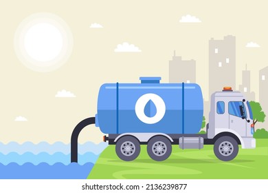 the truck downloads water from the river from the hose into its barrel. flat vector illustration.