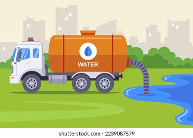 the truck downloads water from the river from the hose into its barrel. flat vector illustration.