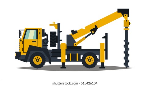 Truck drilling. Yellow, isolation on a white background. Drilling rig. Anchor truck. Construction machinery. Crushing of land. Vector illustration. Flat style
