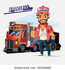 Truck driver with big truck. character design. trucker concept - vector illustration