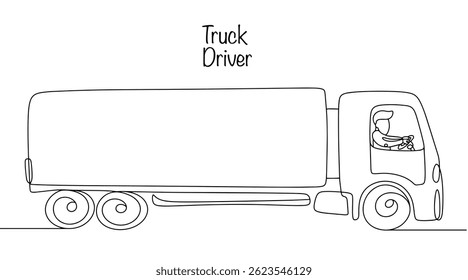 A truck driver drives a large truck, delivering goods to different locations. A driver who transports goods over long distances, usually outside one region or country. Simple vector.