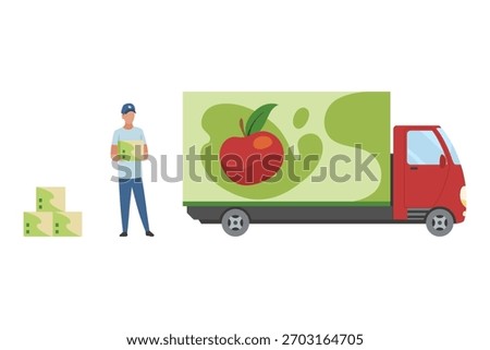 A truck driver loads boxes of apple juice into a truck. A man holds a basket of apples by a red delivery truck