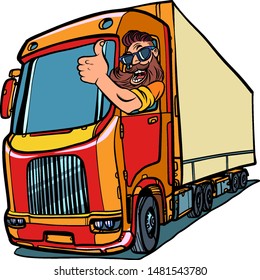 Truck Driver. Man With Beard Thumbs Up. Comic Cartoon Pop Art Retro Vector Illustration Drawing