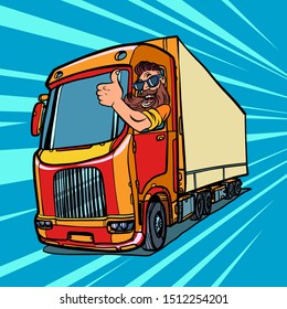 Truck Driver. Man With Beard Thumbs Up. Comic Cartoon Pop Art Retro Vector Illustration Drawing