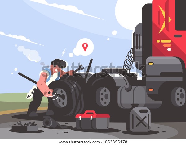 Truck driver is repairing car. Trucker lorry\
changes wheel. Vector\
illustration