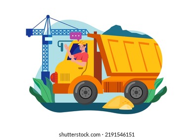 Truck driver rising hand while sitting in construction truck