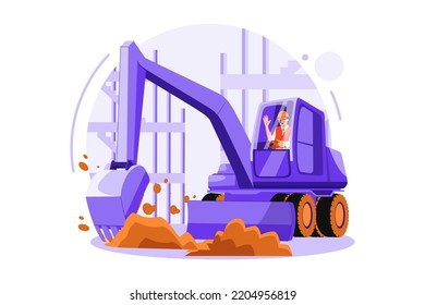 Truck driver rising hand while sitting in construction truck