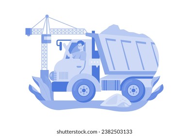 Camionero Levantando La Mano Mientras Está Sentado En Camión De Construcción