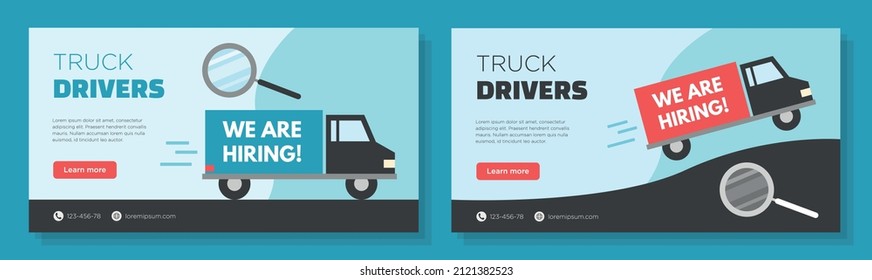 Truck driver shortage online banner template set, hiring transport drivers employees corporate advertisement, horizontal ad, modern digital read hobby campaign webpage, flyer, creative brochure.