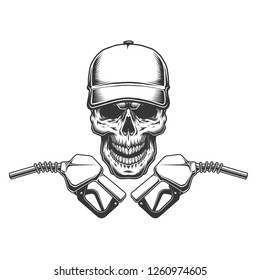 Truck driver skull in baseball cap with fuel pump nozzles in vintage monochrome style isolated vector illustration