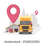 Truck with driver transports cargo from warehouse to city. Concept illustration of logistics services. Vector illustration.