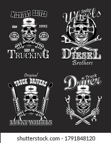 Truck driver vintage logos set. Monochrome emblems, bearded skulls in baseball caps with steering wheel and wrenches. Vector illustrations for transport, trucker club concepts