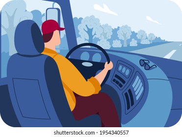 Truck driver work, large truck cabin, work transport, reliable vehicle, professional driver, cartoon style vector illustration.