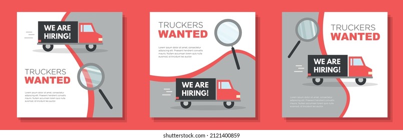 Truck drivers wanted social media post, square banner set, trucker employee recruitment advertisement concept, driver shortage marketing ad, abstract modern flyer, isolated on background.