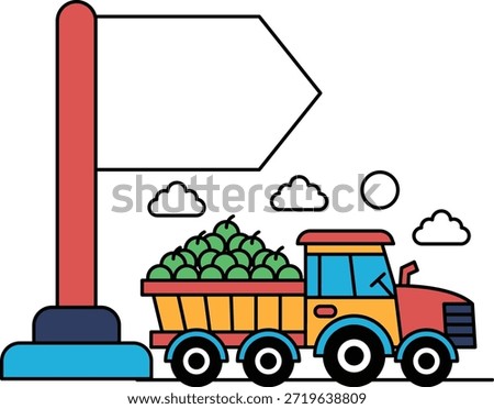 A truck is driving down a road with a sign in the background. The sign is pointing to the right. The truck is carrying a large amount of fruit, including apples. The scene is simple