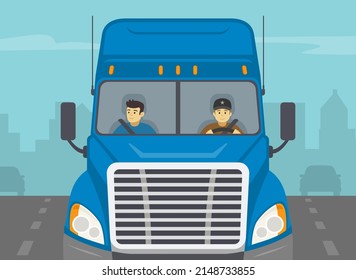 Truck driving on a city road. Close-up view of a blue semi-trailer driver and his co-driver. Flat vector illustration template.