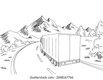 Camión conduciendo sobre la carretera boceto blanco negro ilustración del paisaje vector