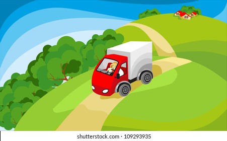 truck driving on the road in a rural mentions in the fields and meadows in the distance  one can see farmhouses or village