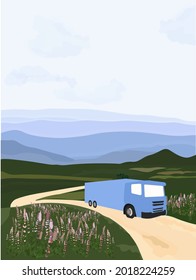 Camión conduciendo sobre la ilustración de la población de vectores de carretera. Hermoso paisaje, cielo azul, prado, colinas, montañas nubladas. Una postal para un logístico. El vehículo. Verano. Coche.