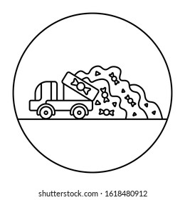 The truck drops a huge pile of candy on the ground. Truck of sweets with an editable line. Logo, icon for the site. The concept of the sweet life. White background. Isolated illustration