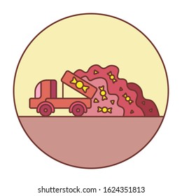 The truck drops a huge pile of candy on the ground. Truck of sweets. Logo, icon for the site. The concept of the sweet life. White background. Isolated colored illustration.Yellow and brown tones