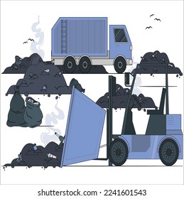 Truck dumps waste to the incinerator, grab take the rubbish. Garbage collection in the city in the garbage truck. Concept city cleaning, urban bussines, transport, vehicle. Vector illustraion.