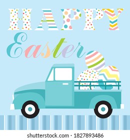 Ilustración de camiones y huevos para tarjetas de pascua y bolsas de regalo