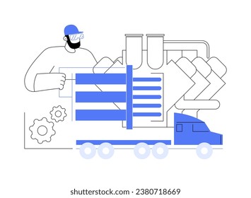 Ilustración vectorial de concepto abstracto del conjunto del motor del camión. Repairman montando motor de camiones en fábrica, industria automotriz, sector de fabricación de autos, línea de producción metáfora abstracta.