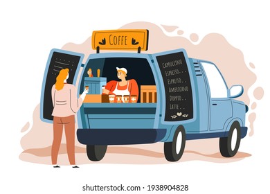 Truck with equipment for making and selling coffee at street. Stall or kiosk for clients. Seller communicating with client, automobile with menu and prices for beverages. Vector in flat style