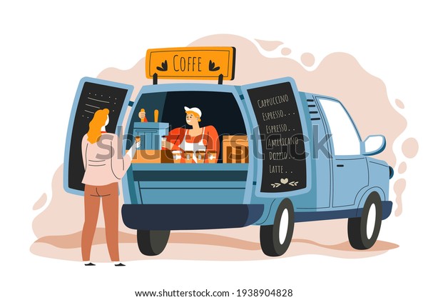 Truck with equipment for making and selling coffee\
at street. Stall or kiosk for clients. Seller communicating with\
client, automobile with menu and prices for beverages. Vector in\
flat style