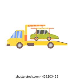 Truck Evacuating Green Car Flat Simplified Colorful Vector Illustration Isolated On White Background