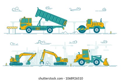 truck, excavator, bulldozer and compactor in operating at road construction site, graphic set of building machinery for infographics