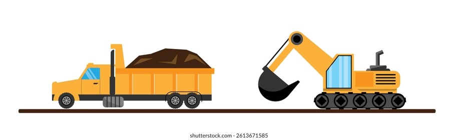 Truck and Excavator Isolated on White. Industrial vehicles, industry and technology vector