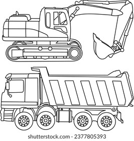 Truck and excavator line art for coloring book page