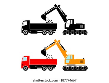 Truck and excavator on white background