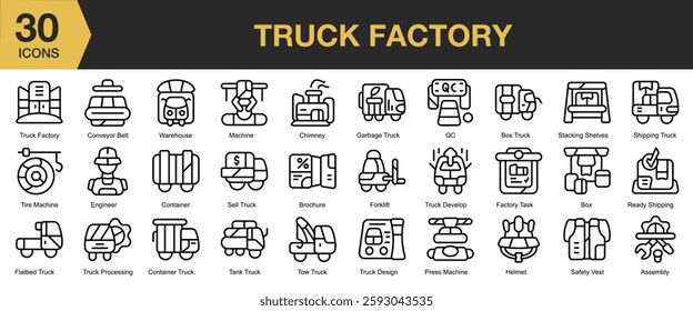 Truck Factory icon set. Includes industry, truck, factory, storage, transportation, delivery, and More. Outline icons vector collection.