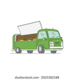 Truck with farmers agricultural production in wooden boxes, cartoon vector illustration in sketch style isolated on white background. Car for food mobile markets.