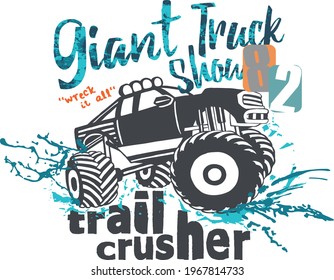 Truck. Fashion kids print with Truck and  With  text slogan.  Vector hand draw illustration.