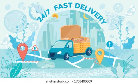 Truck for Fast Delivery all Day and Night. Big Box with Pizza on Lorry. Vehicle Driving on Map, Route to Customer. Ordering Food, Transportation. City in Background Flat Cartoon Vector Illustration.