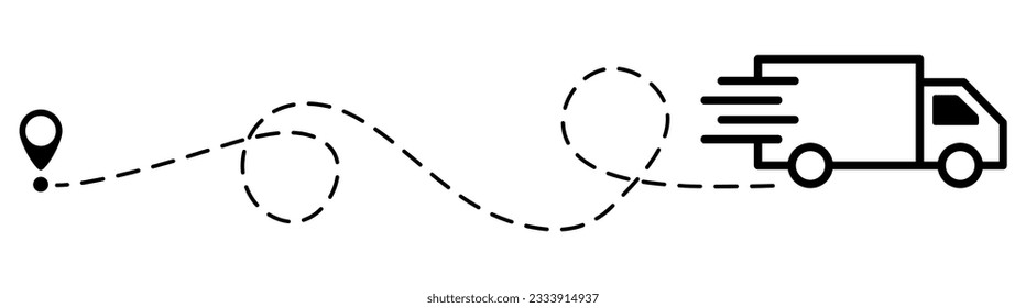 Truck fast delivery with location pin. Car silhouette driving on dotted path. Travel destination symbol. Vector illustration isolated on white.