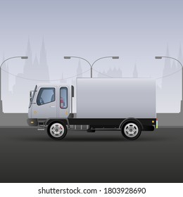 Truck for fast delivery. Realistic composition in white and gray tones. City background. Vector illustration.