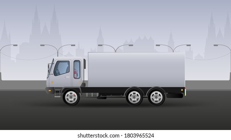 Truck for fast delivery. Realistic composition in white and gray tones. City background. Vector illustration.