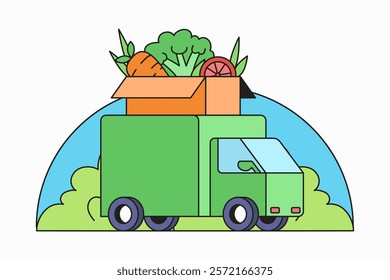 Truck filled with fresh vegetable box cartoon hand drawn illustration for eating and farm delivering