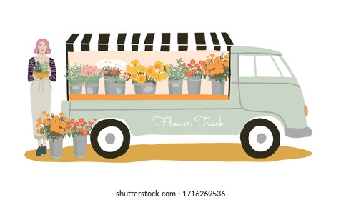 Truck with flowers. Simple colorful illustration.